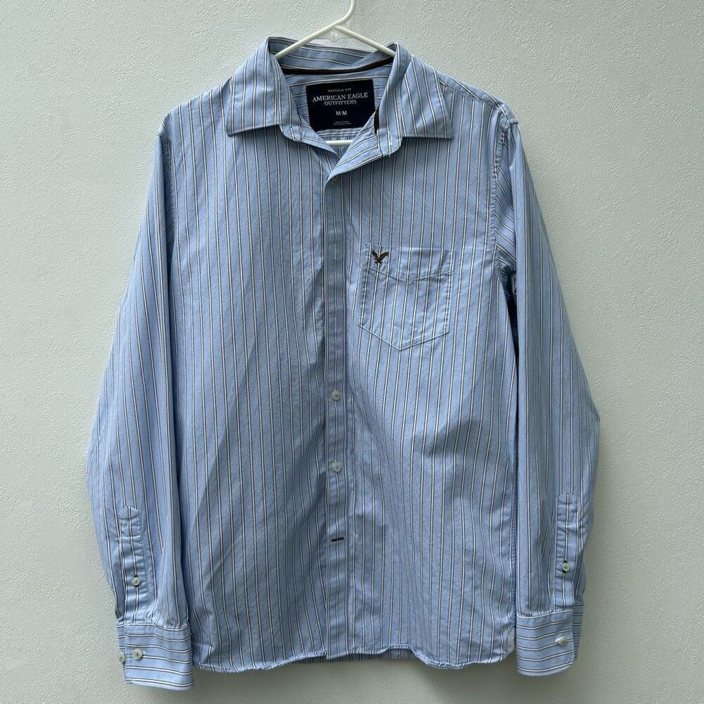 American Eagle Outfitters Vintage Fit Men’s Button Down Shirt Blue Brown Striped